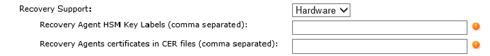 Recovery Support section of Microsoft Certificate Authority Creation page with Hardware selected in the drop-down list and two fields for entering the Recovery Agent HSM Key Labels and the Recovery Agents certificates in CER files